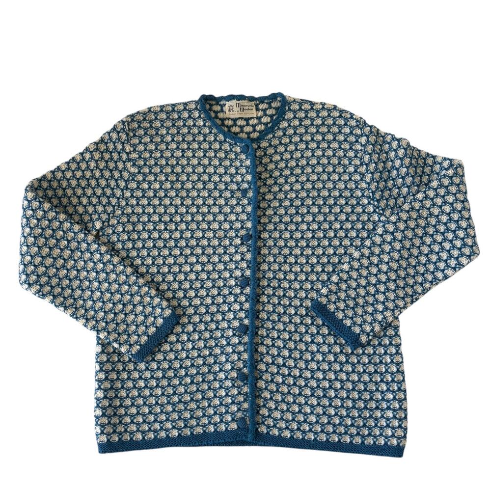 Vintage 80s Minnesota Woolen Honeycomb Knit Cardigan Blue Cottagecore Grandpa L